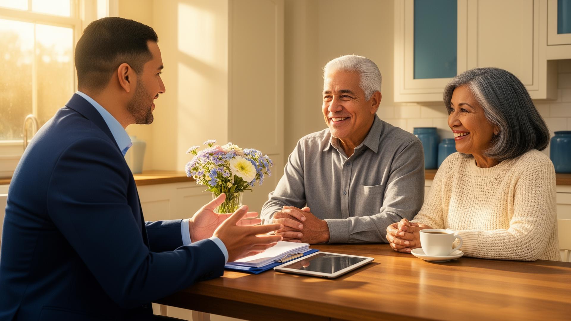A senior couple meeting with their reverse mortgage specialist at their kitchen table
