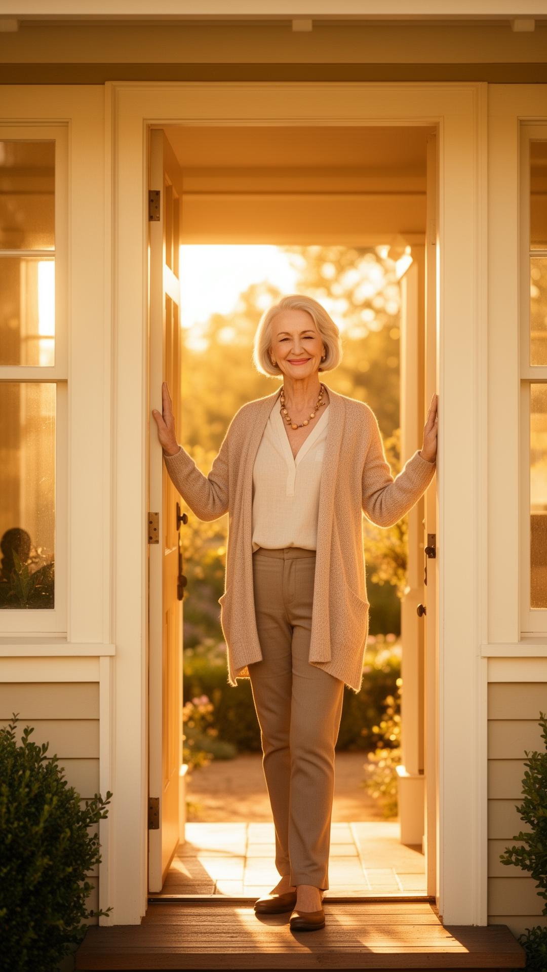 A confident senior homeowner standing in the bright doorway of her own home